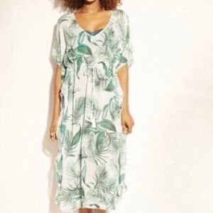 Kona Sol White Green Palm Midi Length Kaftan Over Up  Small